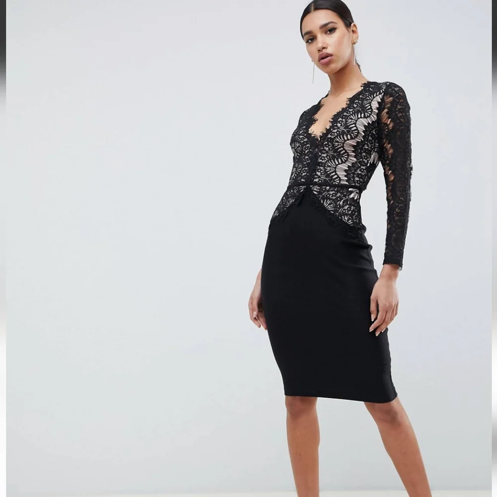 London Limited Edition V-Neck Bodycon Midi Dress Scalloped Lace Motoboho GODDESS - Picture 12 of 16